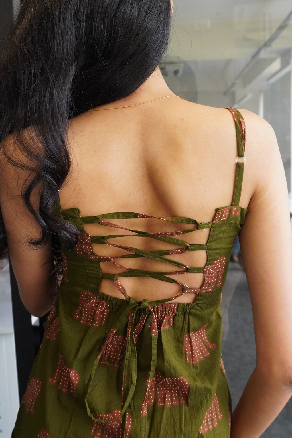 Olive Gajgamini Laceback Short Kurti lace-up back view