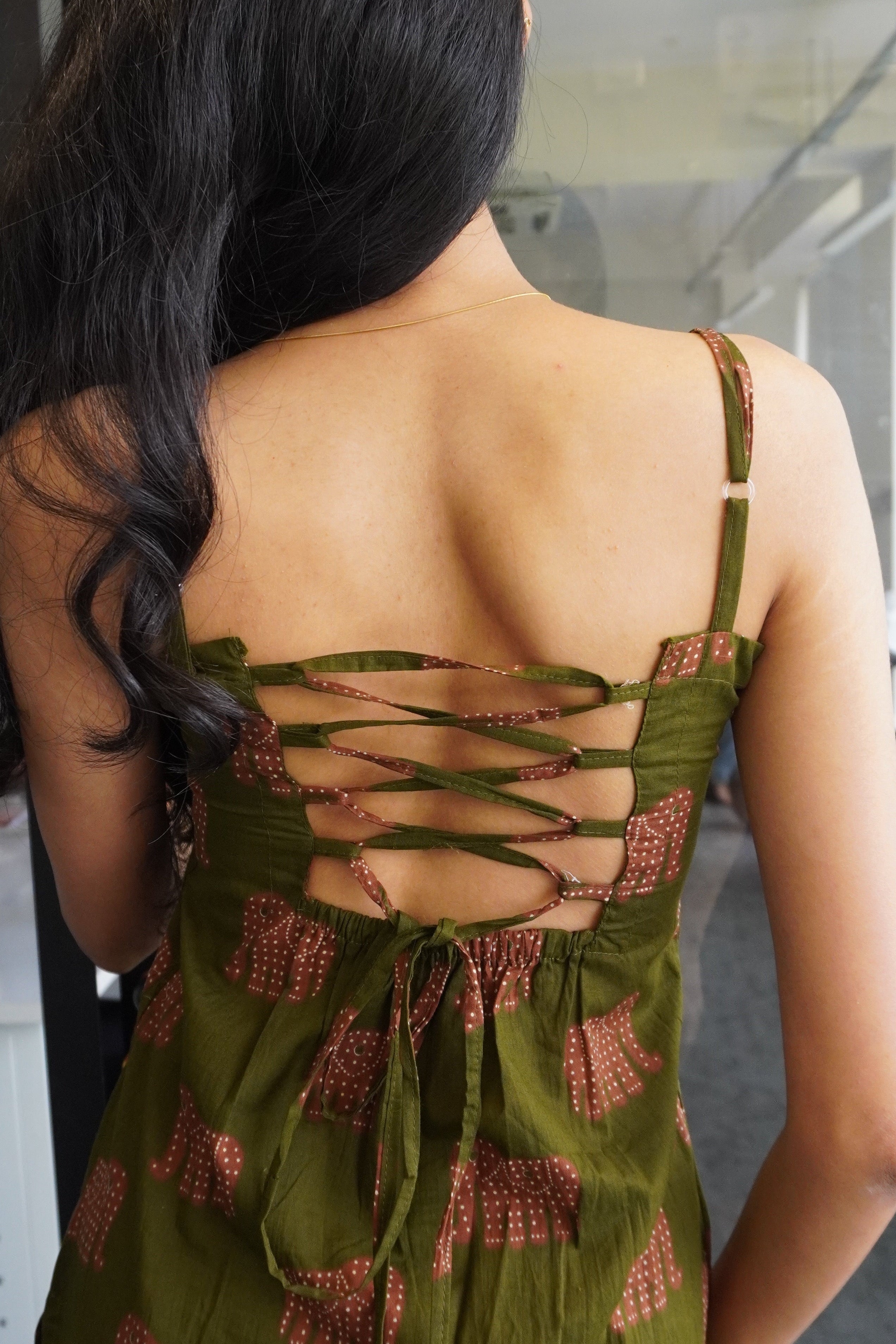 Olive Gajgamini Laceback Short Kurti lace-up back view