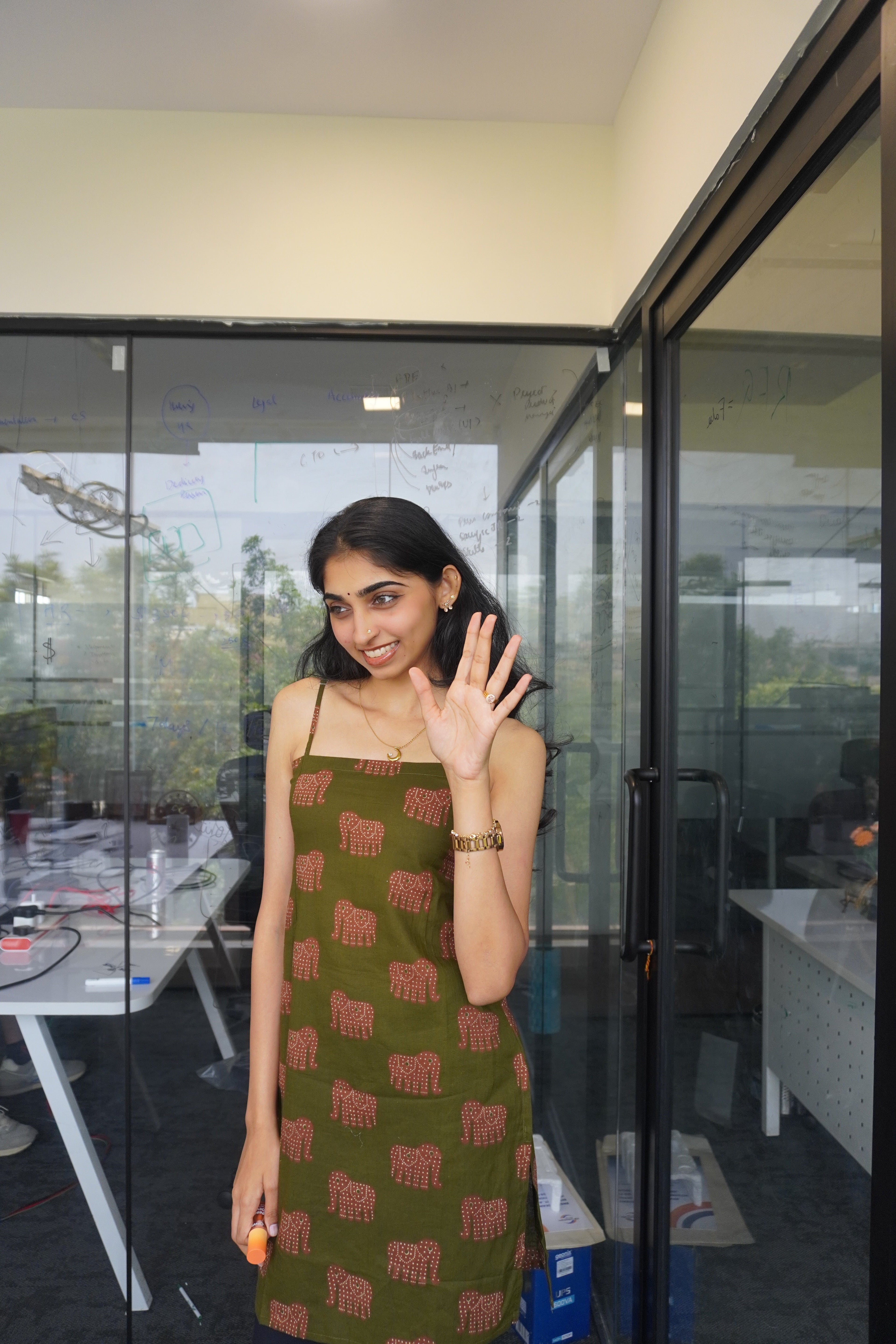 Olive Gajgamini Laceback Short Kurti front view