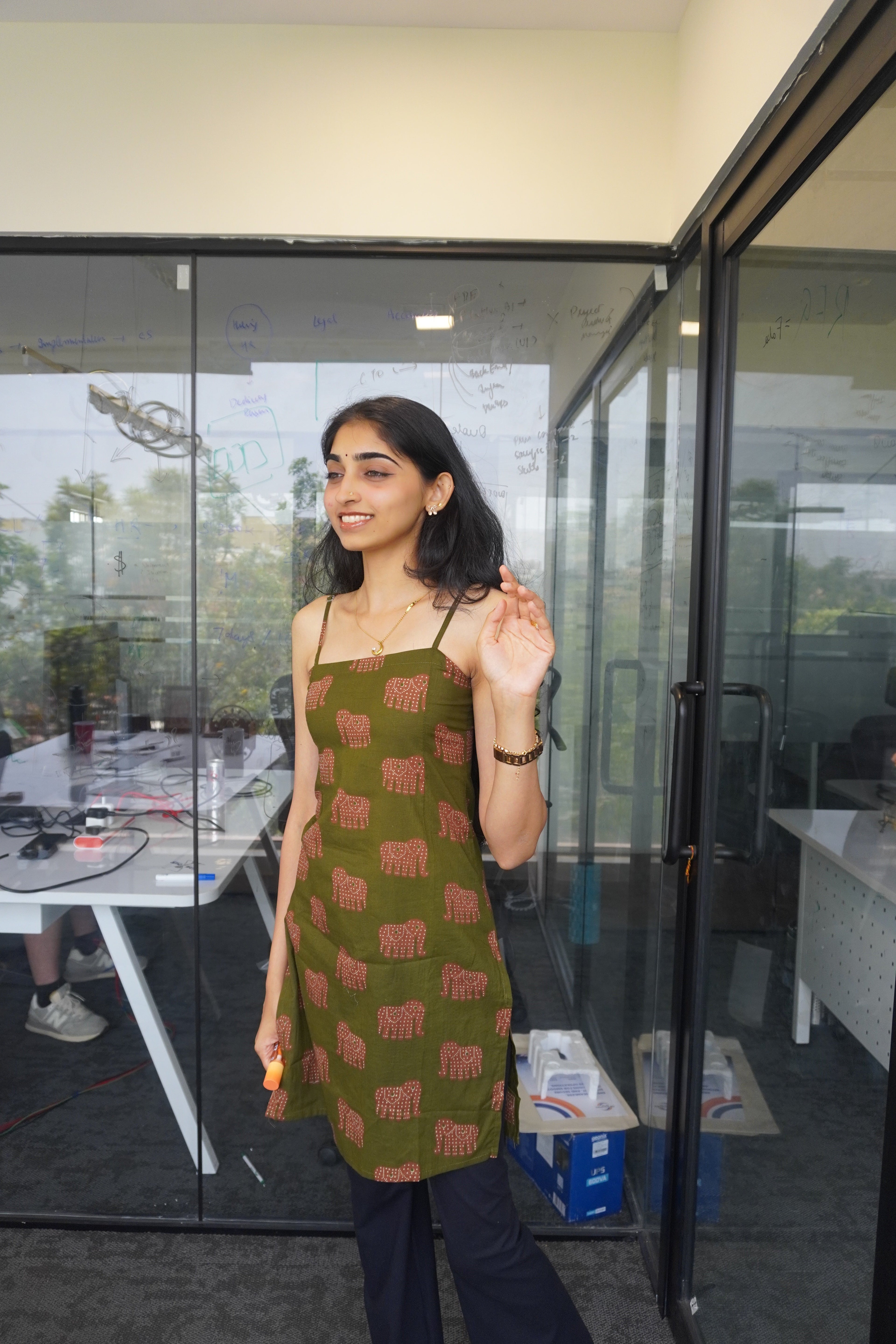 Olive Gajgamini Laceback Short Kurti full-length view