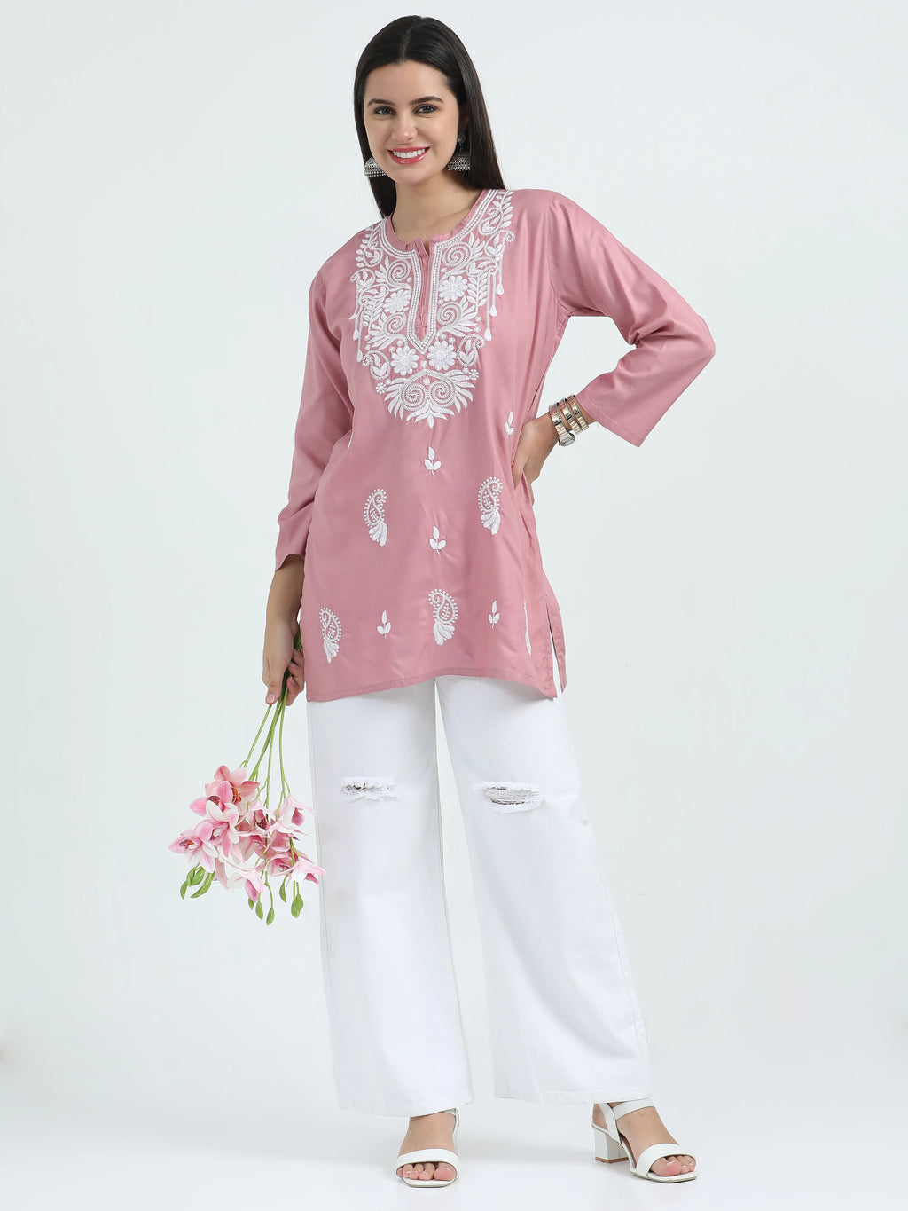 Pink Pankhudi Chikankari Short Kurta