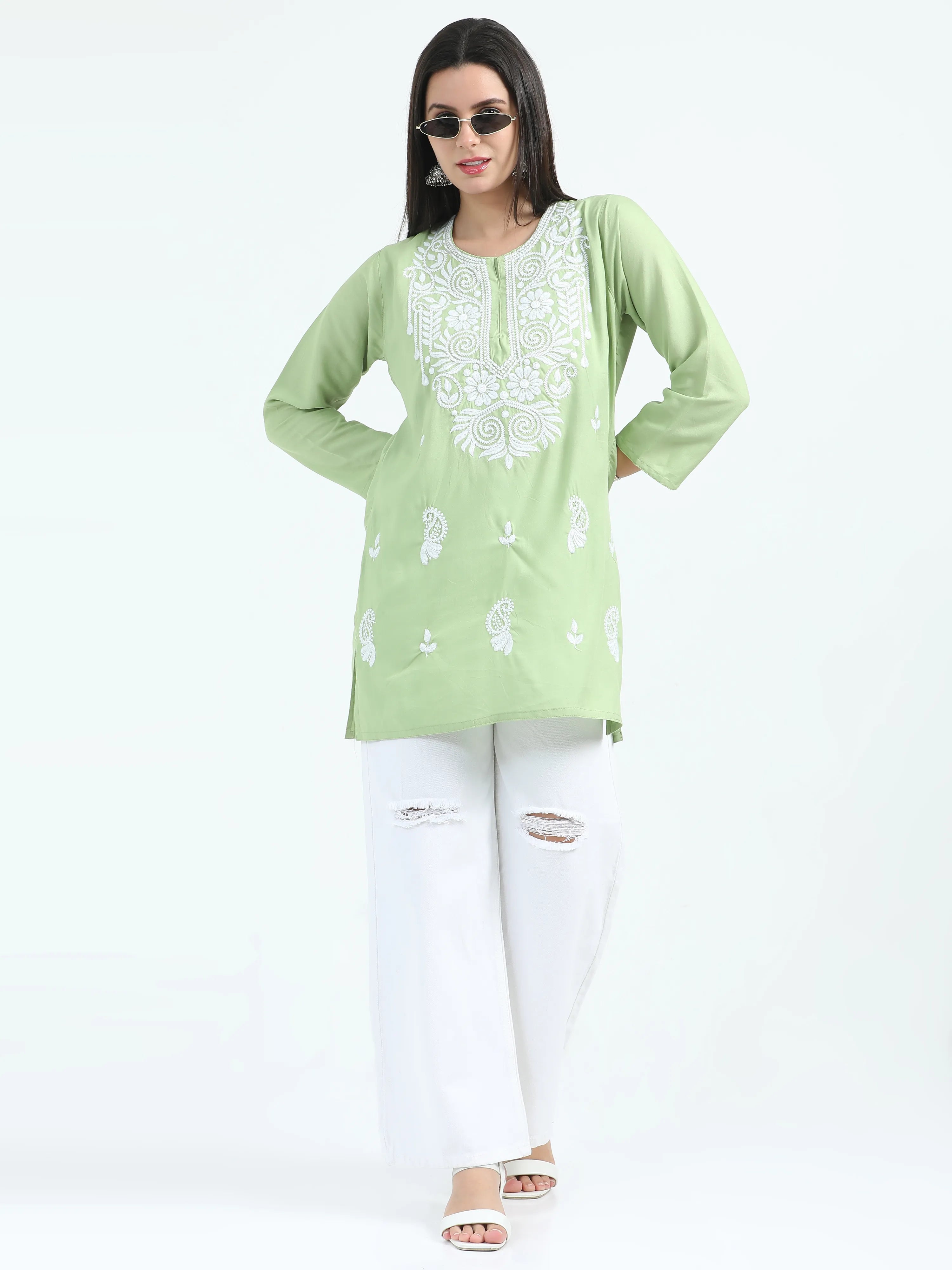 Green Gulbahar Chikankari Short Kurta