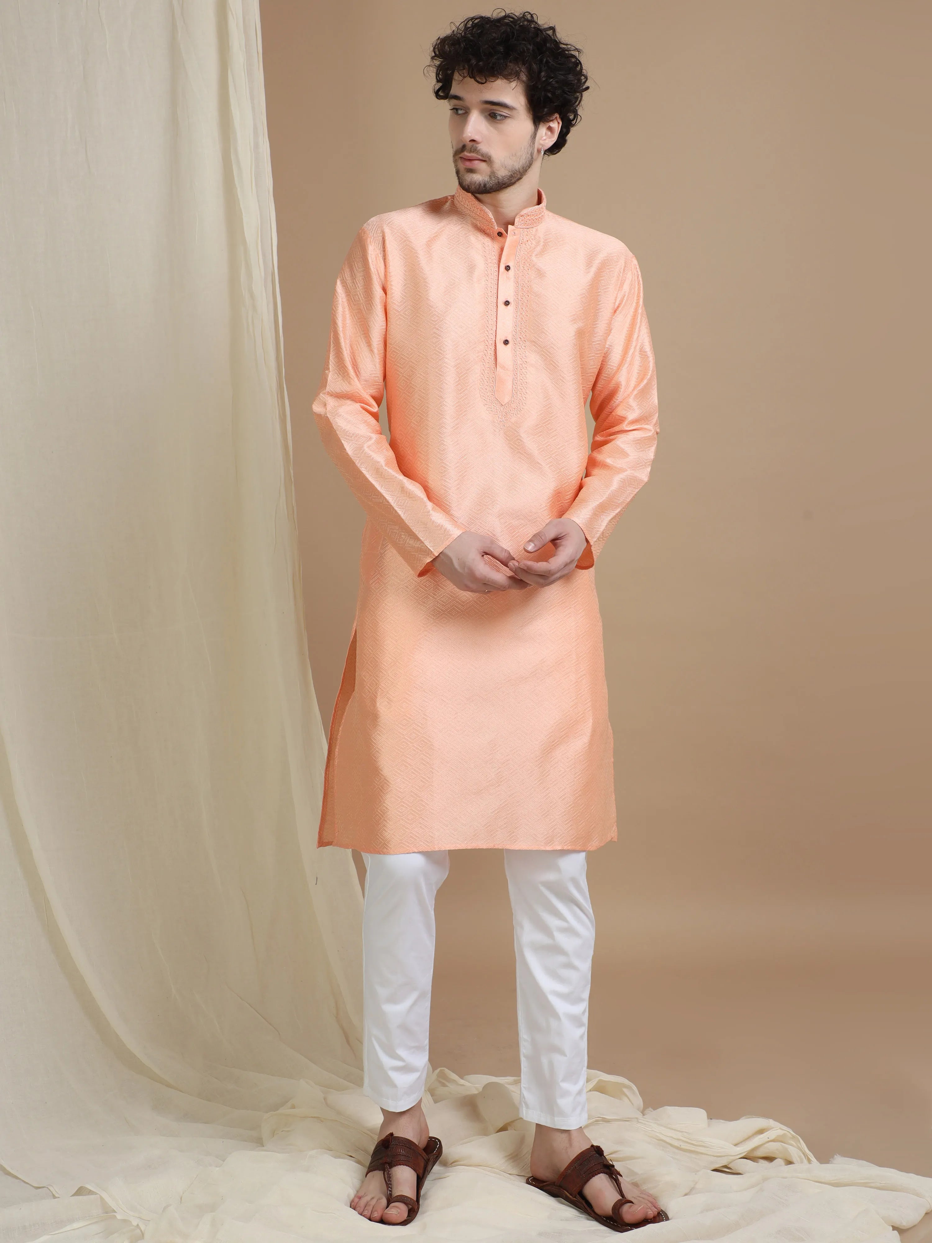 Orange Silk Blend Kurta