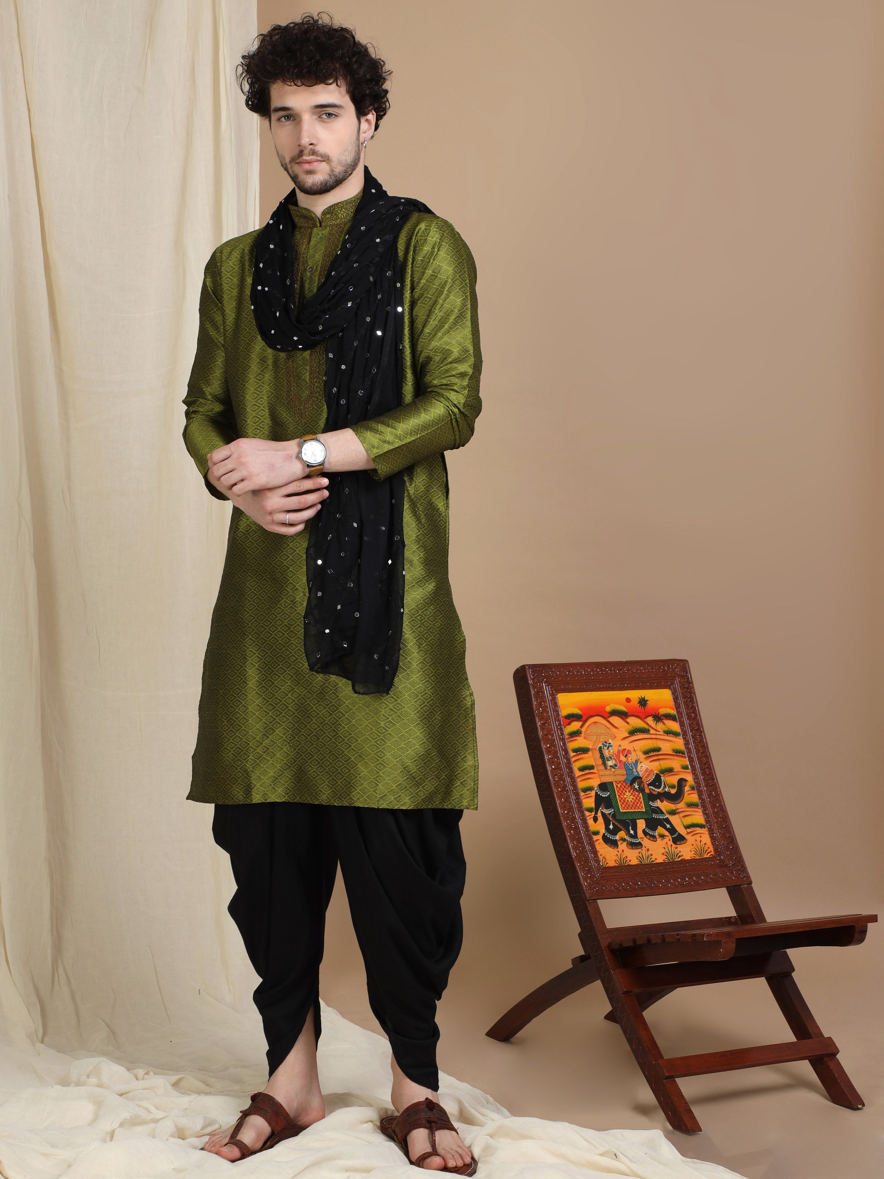Olive Green Silk Blend Kurta